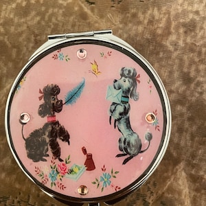 Retro 1950s Poodles Pink Large mirror Compact Pill Box w/ 4 compartments