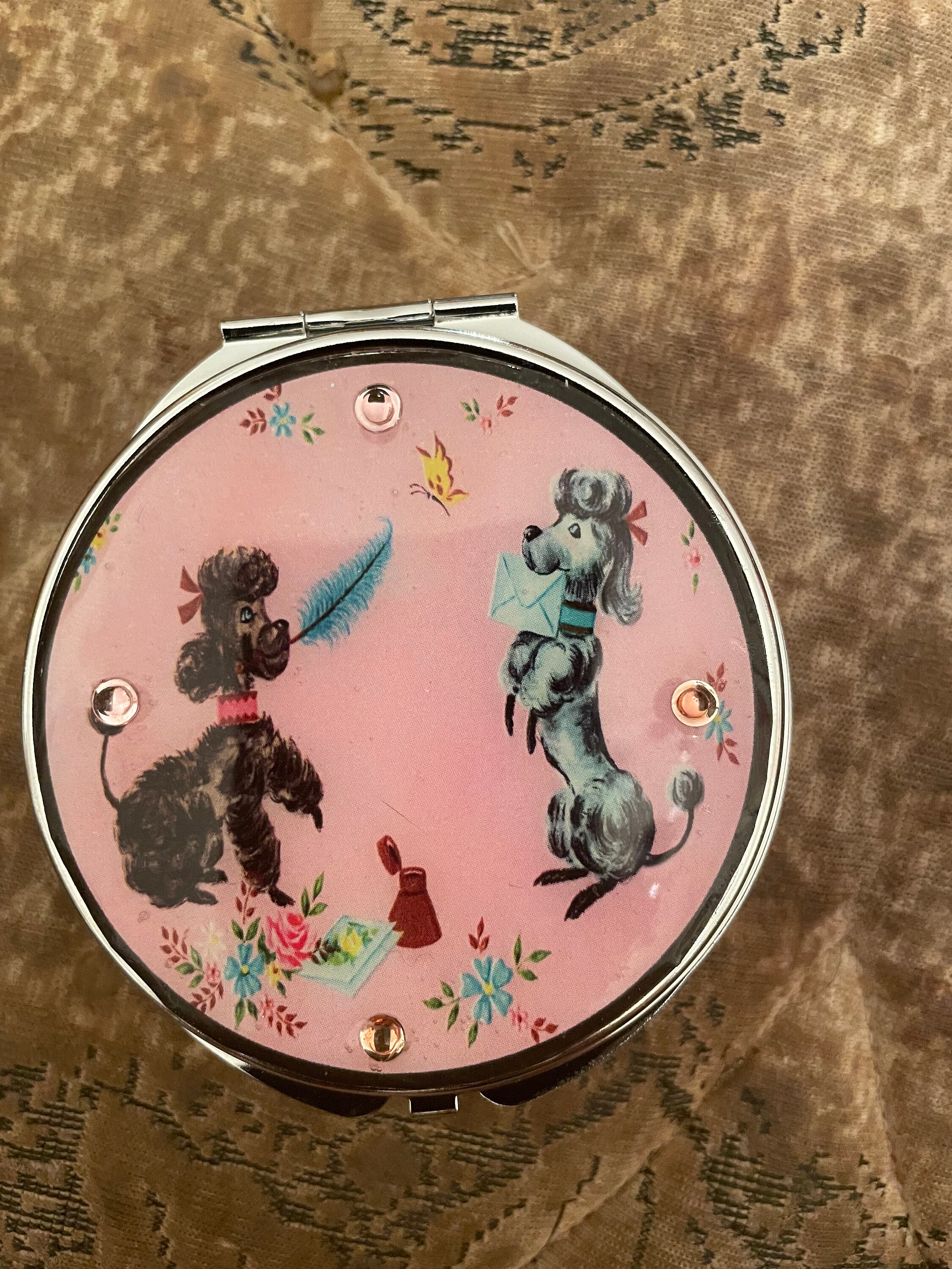 Retro 1950s Poodles large Mirror 4-compartment Pill box