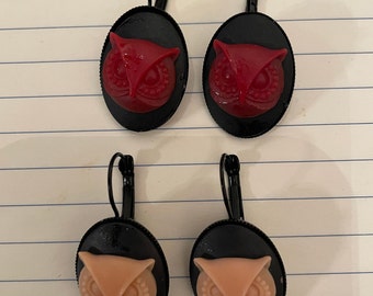 Retro Red or Tan Owl Black oval lever back Earrings