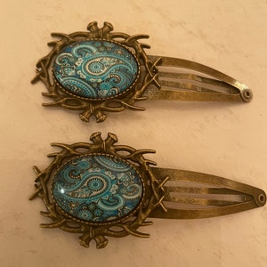 Two (2) Retro Blue Paisley oval Vintage Bronze Gothic snap-in Hair Clips