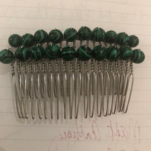 Two (2) Vintage Green Malachite silver metal Hair Combs
