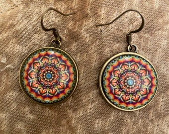 Retro Siena Mandala Bronze or Sky blue or SageGreen Mandala Silver Circle French wire Drop Earrings