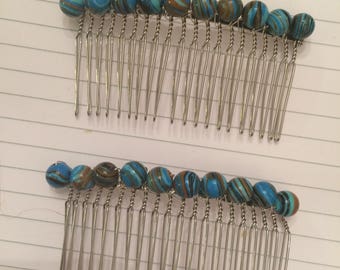 Two Vintage BLUE Striped Mojave Turquoise Silver Metal Hair Comb Combs