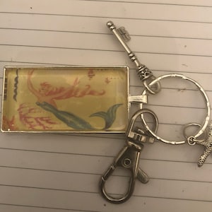 Retro Blonde Mermaid Silver Key Ring, swivel clip, antique key & Starfish