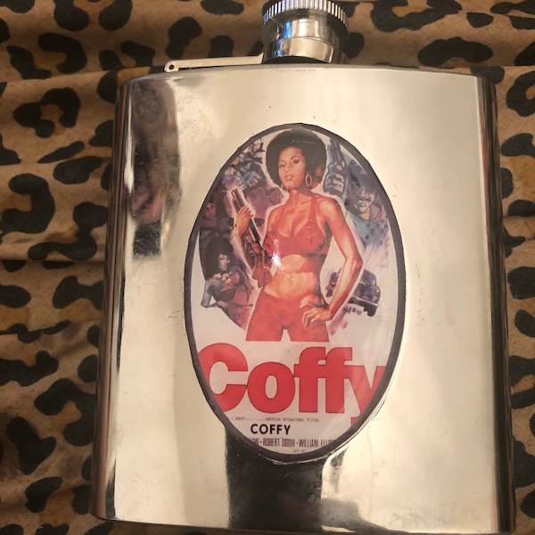 Retro 1970s Coffy Foxy Brown Pam Grier Silver 6 fl oz Flask