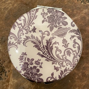 Retro Vintage Ivory/Sage Victorian Fleur or Ivory/Gray Floris X-large round Mirror Compact 7-compartment Pill box