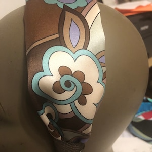 Vintage Aqua Blue Lilac Brown Italian Silk Charmeuse print 2.5&quot; WIDE Headband