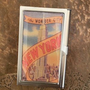 Retro New York Wonder City Blu Giallo Argento Porta carte di credito aziendali I.D. di credito. Caso