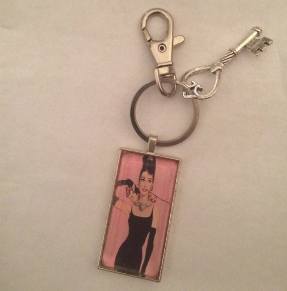 Audrey Hepburn Breakfast At Tiffany s Pink Oblong Silver Key chain Swivel Clip Antique Key