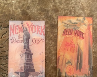 Two (2) Retro New York City Statue of Liberty and Rockefeller Center Magnets & Postcard!