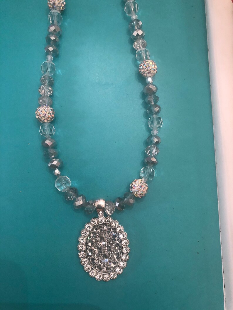 Deco Oval Crystal Pendant Gray Crystal Pave Disco Ball Bead Necklace