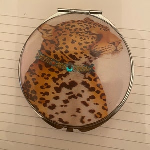 Retro Zebra or Leopard x-large round silver 4-compartment Pill box & Mirror Compact