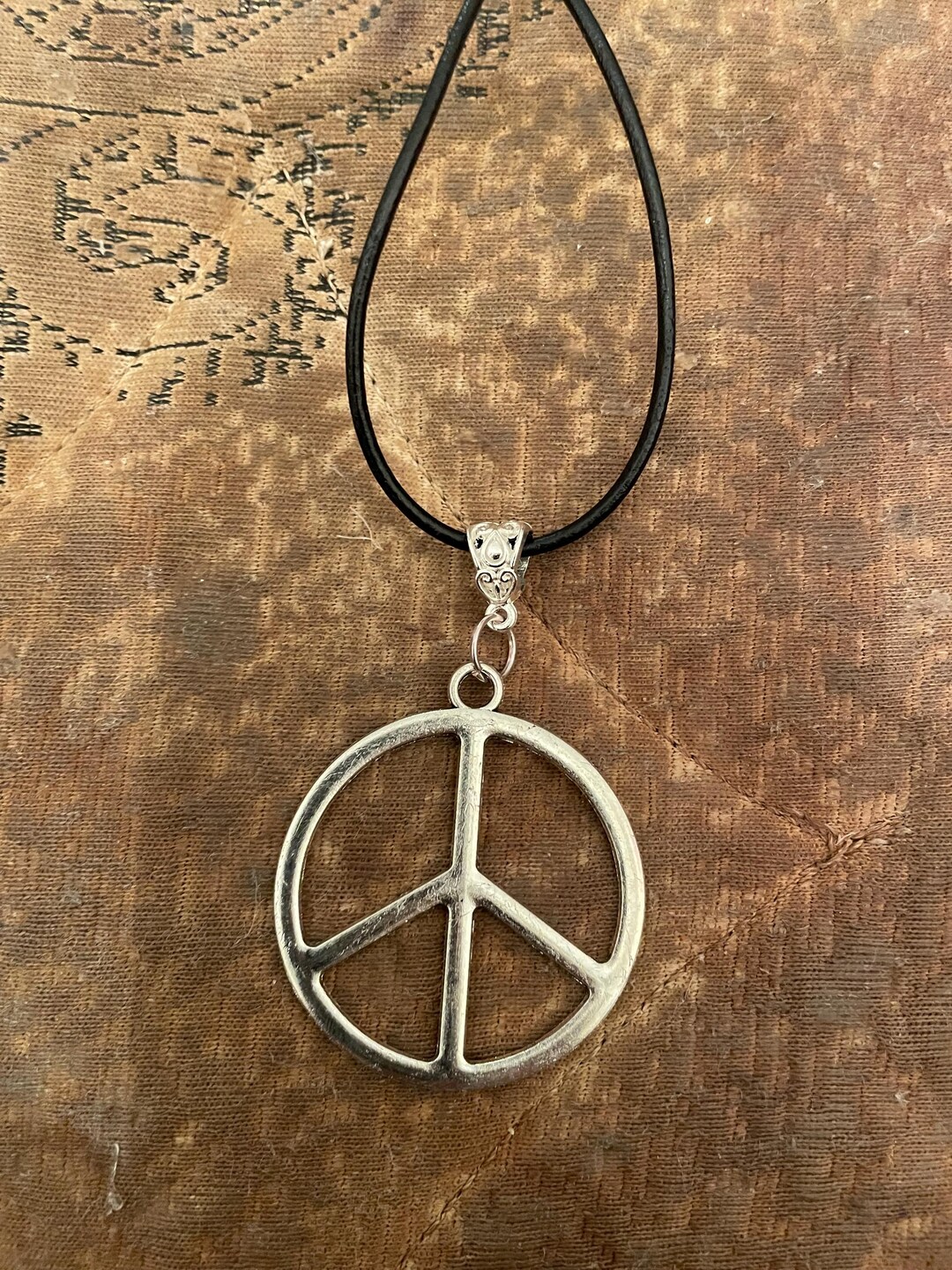Retro Silver Large Round Peace Sign Pendant Black Cord Necklace - Etsy