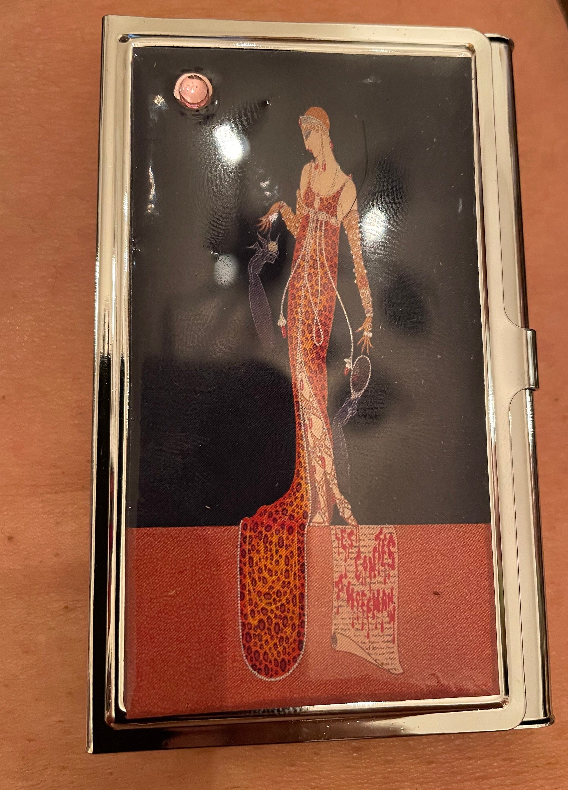 Retro Art Nouveau Erte Leopard Donna Silver Business Credit Card Holder I.D. Case