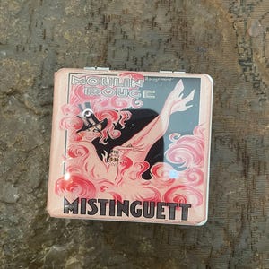 Retro 1920s Moulin Rouge Mistinguett large square flip-open white vinyl Mirror Compact
