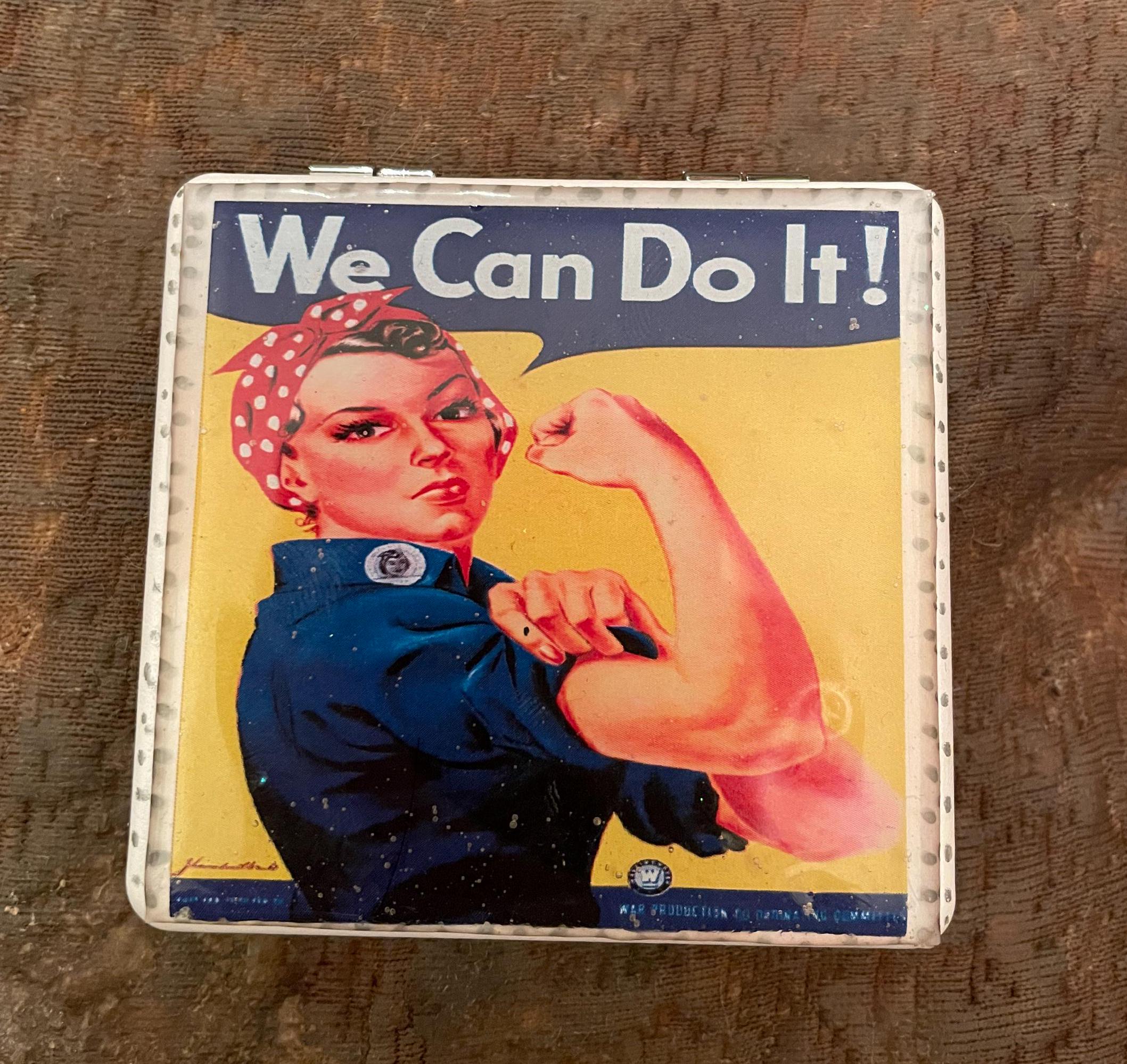 Rosie the Riveter Square flip-open white vinyl Mirror Compact