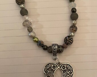 ◇BITTER CELLS◇ Heart Pendant Sweat shirtWine Antique Silver Filigree Heart Pendant Gray Crystal Jasper
