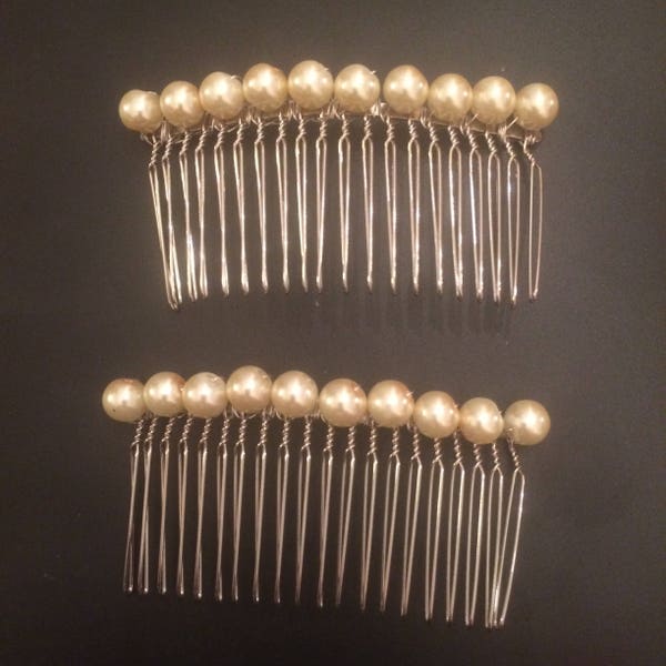 Two (2) Vintage Classic Ivory or Retro Yellow Large Glass Pearl Silver Metal Hair Combs