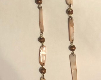 46 Length Vintage Mother of Pearl w Wood Beads Long Single Strand Necklace