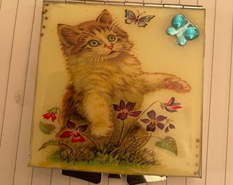Vintage Kitty with Butterflies silver square Mirror Compact