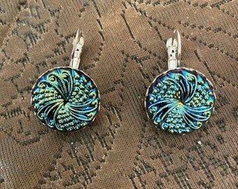 Retro Art Deco Czech Bronze or Aqua Blu patina swirl cabochon vintage lever back drop Earrings