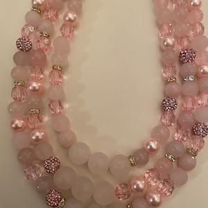 Retro Pink Quartz Crystal Pearl 3-strand Necklace