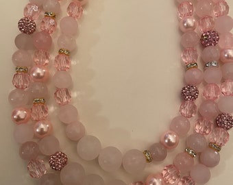 Retro Pink Quartz Crystal Pearl 3-strand Necklace