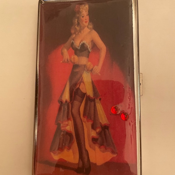 Retro 1950s Rumba & Maracas Pin Up  Mirror Tissues Holder or 120s Cigarette 2-clip Wallet Business Credit Card Case