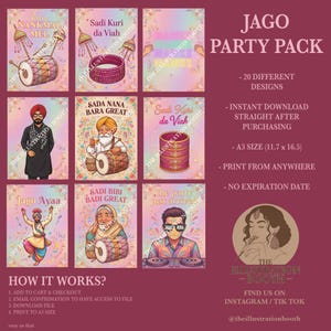 Puede incluir: Un conjunto de diseños ilustrados de Jago Party Pack. Los diseños presentan ilustraciones coloridas de instrumentos musicales, personas y texto en varias fuentes. El texto incluye frases como "Jago Ayaa" y "Sadi Kuri da Viah". El paquete incluye 20 diseños diferentes.
