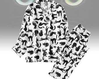 Black Cat Pajamas Set, Cute Cat Womens Pajamas, Cat Lover Sleepwear, Long Sleeve Pajama Gift, Funny Cat Pajamas Gift For Women