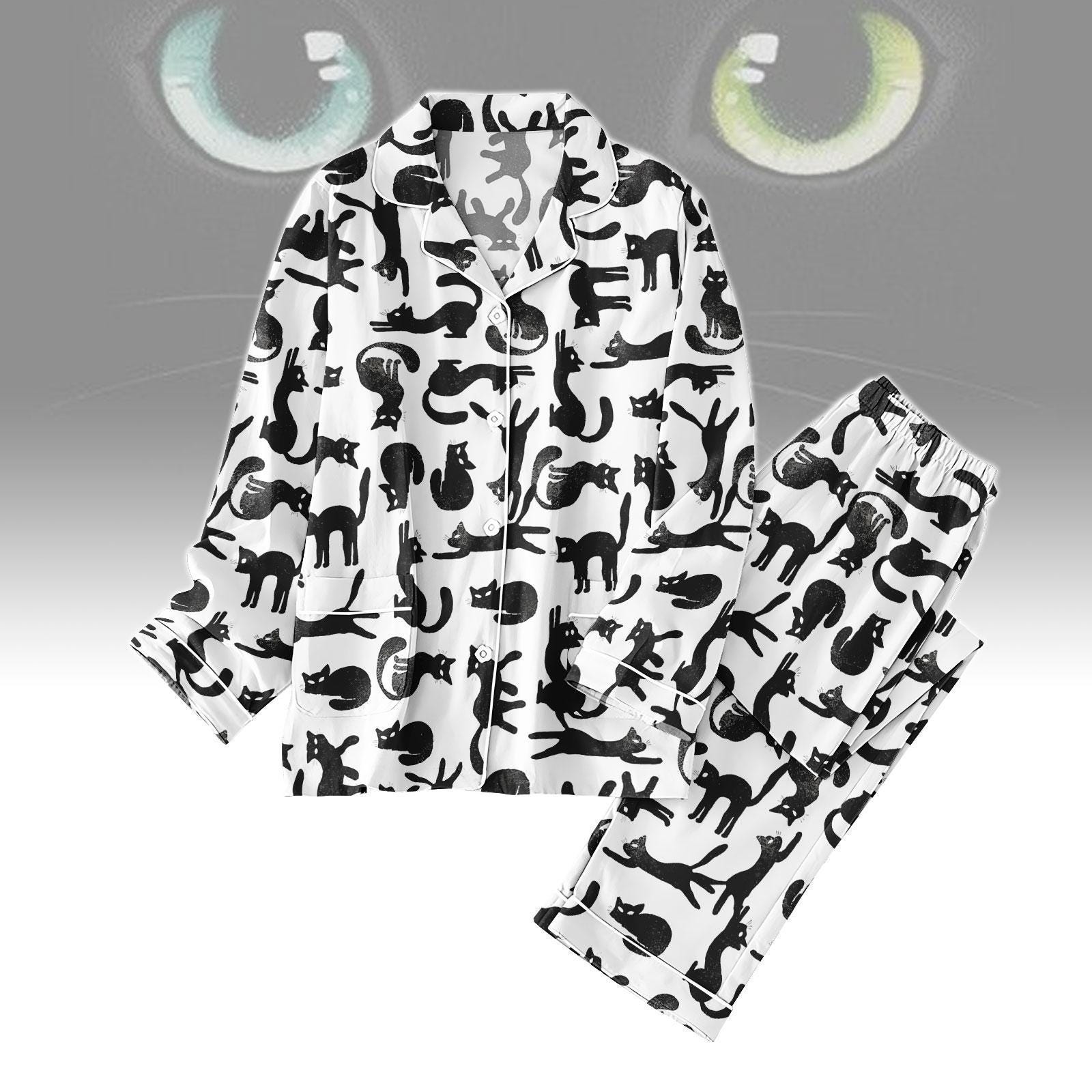 Discover Black Cat Pajamas Set for Women, Long Sleeve Sleepwear, Cute Cat Lover Pajamas, Funny Cat Sleepwear Gift