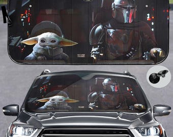 Mandalorian Baby Yoda-autozonnescherm, Star Wars-voorruitschaduw, Grogu Driving Cover, Galaxy-autoaccessoire, Star Wars-cadeau