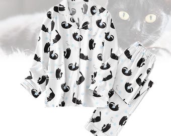 Cute Black Cat Pajamas Set, Cute Cat Sleepwear, Black Cat Pajamas, Funny Cat Lounge Set, Gift for Cat Lovers, Gift For Women
