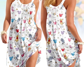 Abito a trapezio Winnie the Pooh, classico abito da donna con palloncini di Pooh e amici, grazioso abito estivo con Pooh, Pimpi, Ih-Oh, Tigro, regalo per lei