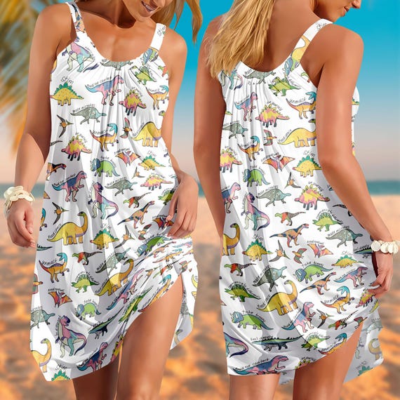 cute dinosaur dress Cute Dinosaur Sling Dress Women, Funny Dino Summer Dress, Cartoon Dinosaur  Dress, Casual Cute Vacation Dress, Disney Trip Summer Dress