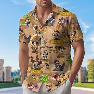 Camisa hawaiana de Mickey Mouse pirata, pantalones cortos para hombre de cruceros Disney, camisa de botones de verano con mapa del tesoro de dibujos animados, regalo de cruceros Disney
