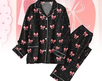 Pijama con lazo rosa, bonito pijama para mujer con lazo, ropa de dormir kawaii, pijama de manga larga para ella, regalo de San Valentín con lazo