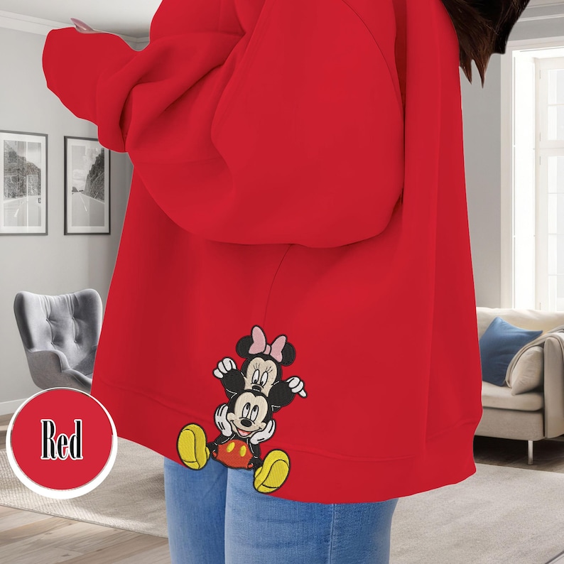 Mickey And Minnie Embroidered Side Bow Sweatshirt, Disneyworld Valentine Shirt, Cute Disney Couple Sweatshirt For Disney Fans