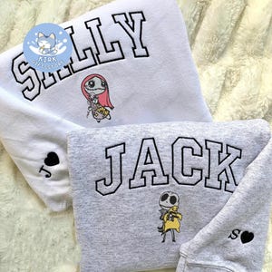 Halloween Jack And Sally Embroidered Crewneck Sweatshirt, Custom Name Couples Embroidery, Best Gift For Couples Halloween/Christmas