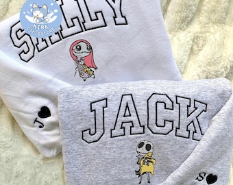 Jack And Sally Couple  Embroidered Crewneck Sweatshirt, Custom Name Couples Embroidery, Best Gift For Couples Halloween/Christmas