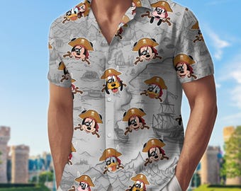 Pirate Mickey Mouse Hawaii Shirt, Disney Treasure Map Man Shorts, Pirate Donald Goofy Summer Beach Top, Disney Pirate Shirt