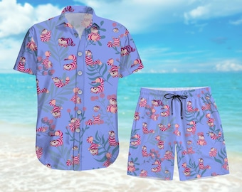 Cheshire Cat Button Shirt and Shorts, Alice in Wonderland Disney Vacation Outfit, Unisex Resort Shirt, Disney Gift for Him Her