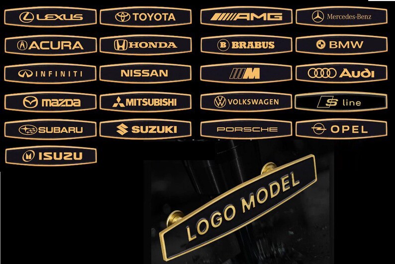 May include: A collection of gold car logos on black backgrounds. The logos include Acura, Audi, BMW, Brabus, Honda, Infiniti, Isuzu, Lexus, Mazda, Mercedes-Benz, Mitsubishi, Nissan, Opel, Porsche, Subaru, Suzuki, Toyota, Volkswagen, and AMG. The text "LOGO MODEL" is on a gold and black sign.