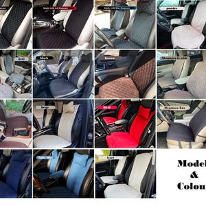May include: A collage of car seat covers in various colors, including black, red, beige, and blue. Each cover is shown installed in a car seat, with different textures and patterns. The text "Model & Colour" is displayed.