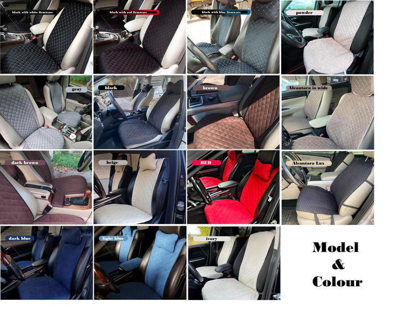 May include: A collage of car seat covers in various colors, including black, red, beige, and blue. Each cover is shown installed in a car seat, with different textures and patterns. The text "Model & Colour" is displayed.