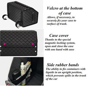 May include: Black quilted car trunk organizer with a magnetic closure, side rubber bands, and velcro at the bottom. The organizer has a compartment for storing bottles and other items.