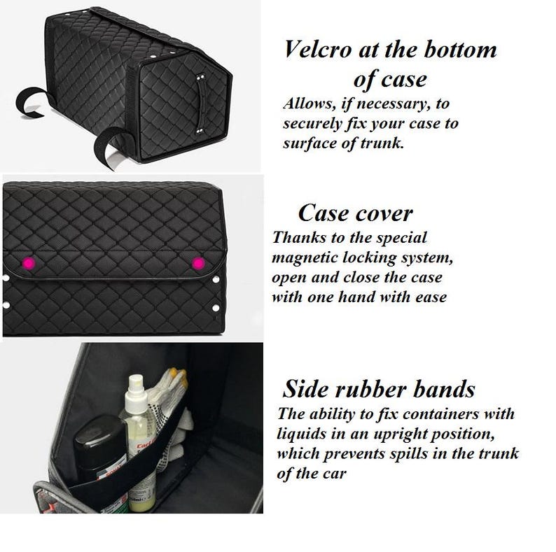 May include: Black quilted car trunk organizer with a magnetic closure, side rubber bands, and velcro at the bottom. The organizer has a compartment for storing bottles and other items.