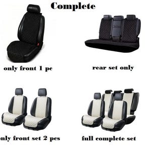 May include: Black and white car seat covers in various configurations: single front seat, rear set only, front set of two, and a full complete set. The text "Complete" is at the top.