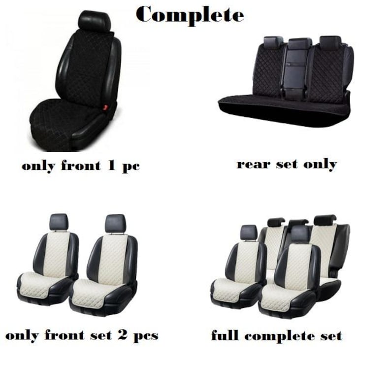 May include: Black and white car seat covers in various configurations: single front seat, rear set only, front set of two, and a full complete set. The text "Complete" is at the top.