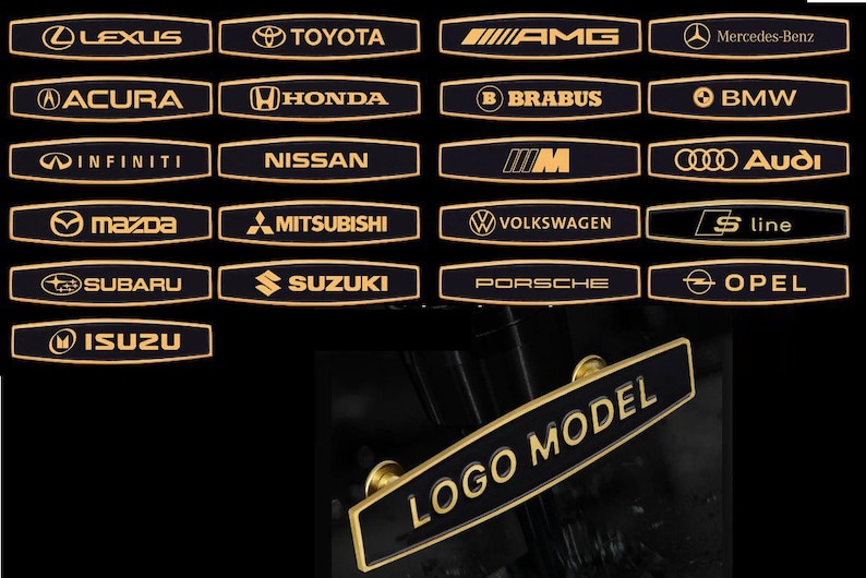 K&ouml;nnte beinhalten: Eine Sammlung von Automarken-Logos in goldfarbenen Buchstaben auf schwarzen rechteckigen Hintergr&uuml;nden. Logos umfassen Lexus, Toyota, Acura, Honda, Infiniti, Nissan, Mazda, Mitsubishi, Subaru, Suzuki und Isuzu. Ein Schild zeigt "LOGO MODEL".
